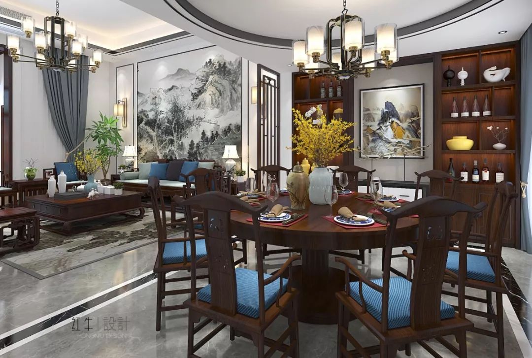 南京奧斯博恩莊園190平米現(xiàn)代中式風格裝修 古典美學融入現(xiàn)代設計02客餐廳