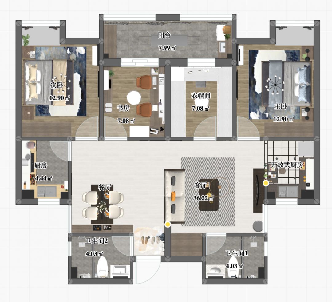 劉萍萍_花崗鴻福城132㎡現(xiàn)代簡(jiǎn)約風(fēng)格_兩套小戶型打通變大宅，中西雙廚房+衣帽間打造品質(zhì)生活！01彩平圖