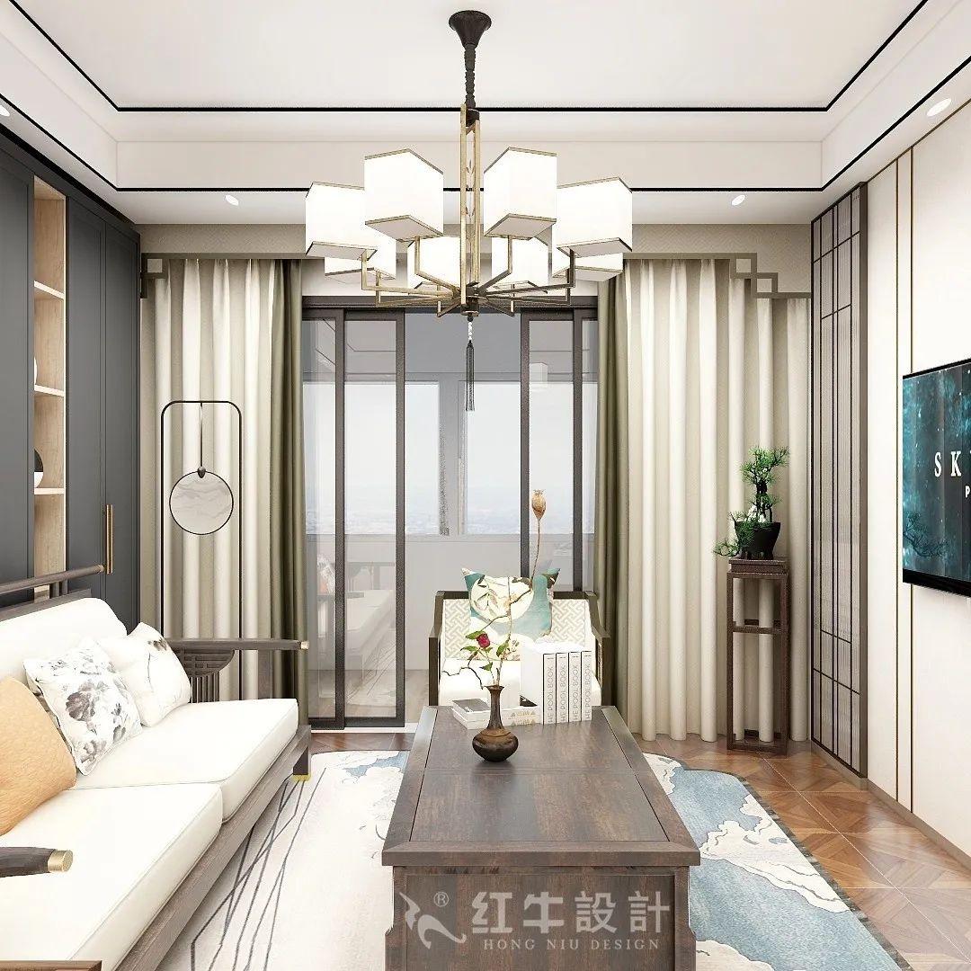 朱明琪_紅牛設(shè)計--中垠紫金官邸105㎡(C3戶型)新中式風(fēng)格01客廳