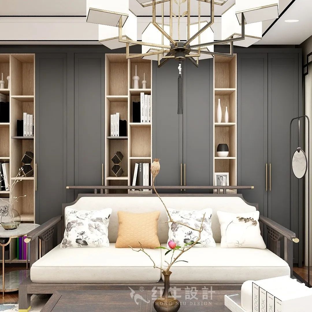 朱明琪_紅牛設(shè)計--中垠紫金官邸105㎡(C3戶型)新中式風(fēng)格07效果圖欣賞_客廳