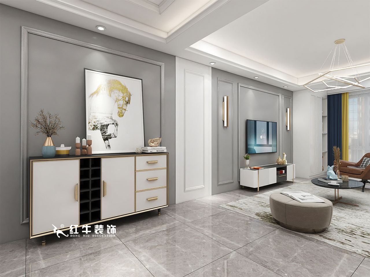 顧娟_金地都會(huì)意境118㎡現(xiàn)代風(fēng)格--弧形沙發(fā)設(shè)計(jì)，獨(dú)特有創(chuàng)意！04客廳設(shè)計(jì)_電視背景墻