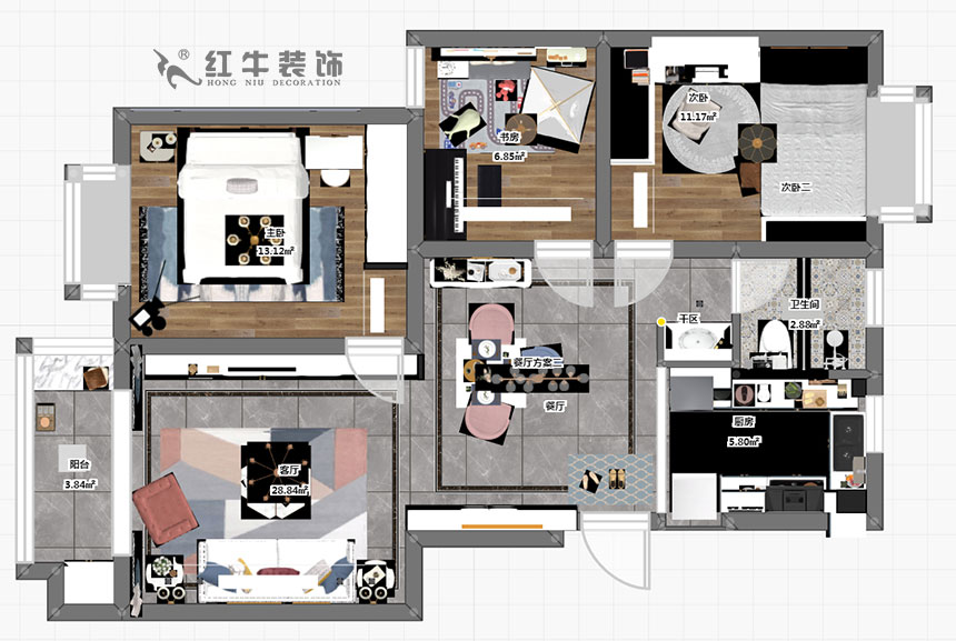 朱明琪_雙和園15-1-702-95㎡-簡(jiǎn)美風(fēng)格_3室2廳1衛(wèi)（老房裝修）_成品家￥128088_全包13萬(wàn)00_03彩平圖