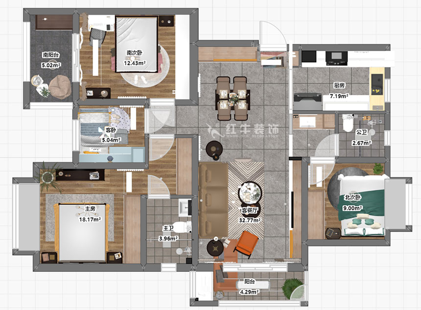 蔣琛｜中交錦蘭薈-130㎡-現(xiàn)代簡約風(fēng)格｜4室2廳2衛(wèi)｜新房裝修｜定制家￥165462｜全包17萬｜00_03彩平圖