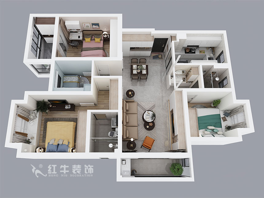 蔣?。薪诲\蘭薈-130㎡-現(xiàn)代簡約風(fēng)格｜4室2廳2衛(wèi)｜新房裝修｜定制家￥165462｜全包17萬｜00_04鳥瞰圖