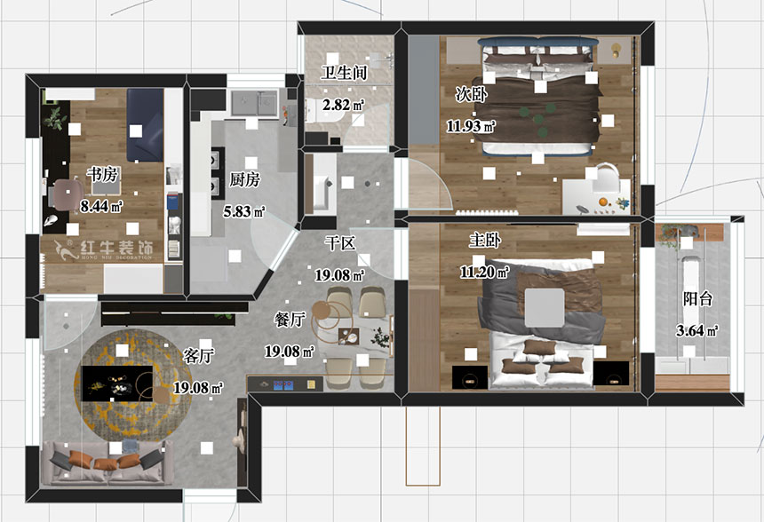張智猿|盛和家園南區(qū)6-1-1301-80㎡-現(xiàn)代簡約風(fēng)格|3室2廳1衛(wèi)|老房裝修|定制家¥106397|全包11萬|00_03彩平圖