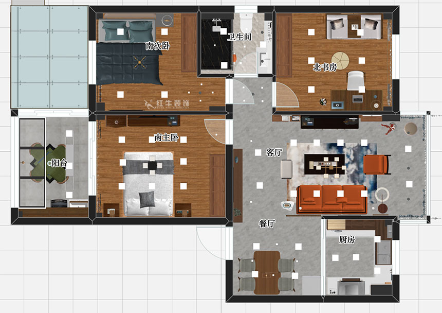 張智猿｜紅山山莊8-204-100㎡-簡(jiǎn)中風(fēng)格｜3室1廳1衛(wèi)｜老房裝修｜定制家￥153700｜全包15萬(wàn)｜00_03彩平圖