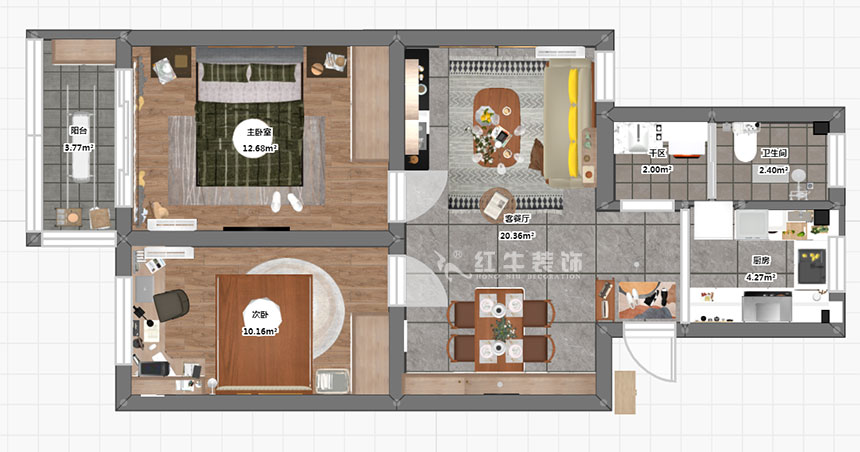 孟憲濤|雨花村12-606-70㎡-現(xiàn)代風格|2室1廳1衛(wèi)|二手房裝修|成品家¥91000|全包9萬|00_03彩平圖