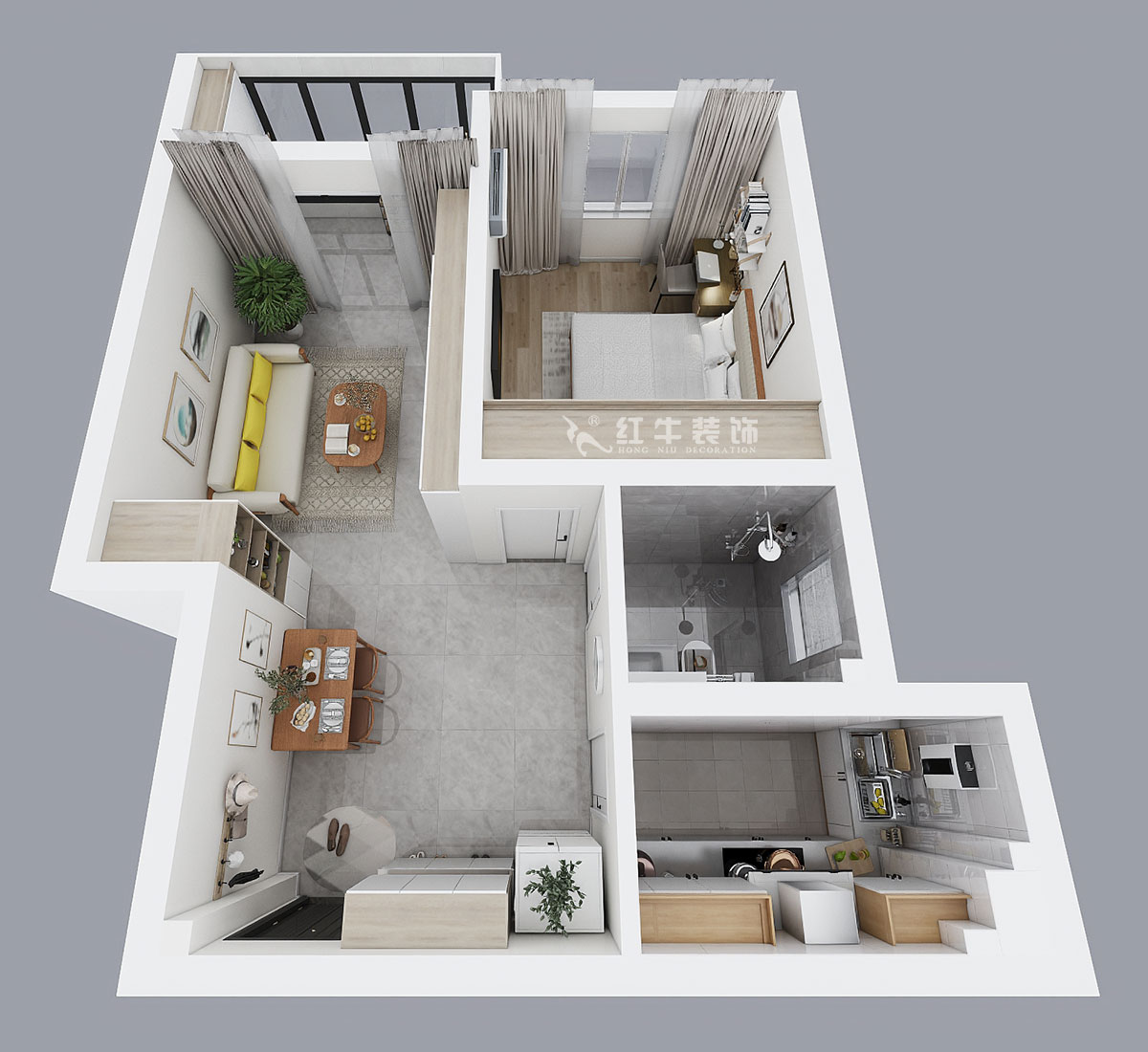 魏明花|銀龍鑫苑8-4-1015-60㎡-現(xiàn)代簡約風格|1室1廳1衛(wèi)|二手房裝修|定制家¥103134|全包10萬|00_04鳥瞰圖