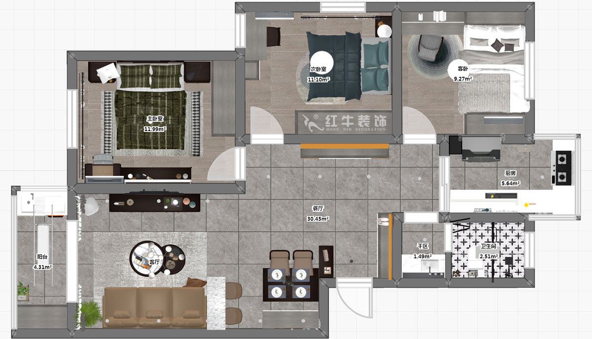 仇美蓉｜南方花園B組團18-401-93㎡-簡約風(fēng)格｜3室2廳1衛(wèi)｜二手房裝修｜定制家￥118689｜全包12萬｜00_03彩平圖