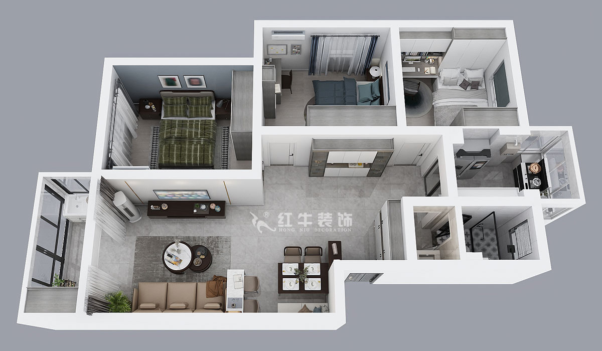 仇美蓉｜南方花園B組團18-401-93㎡-簡約風(fēng)格｜3室2廳1衛(wèi)｜二手房裝修｜定制家￥118689｜全包12萬｜00_04鳥瞰圖