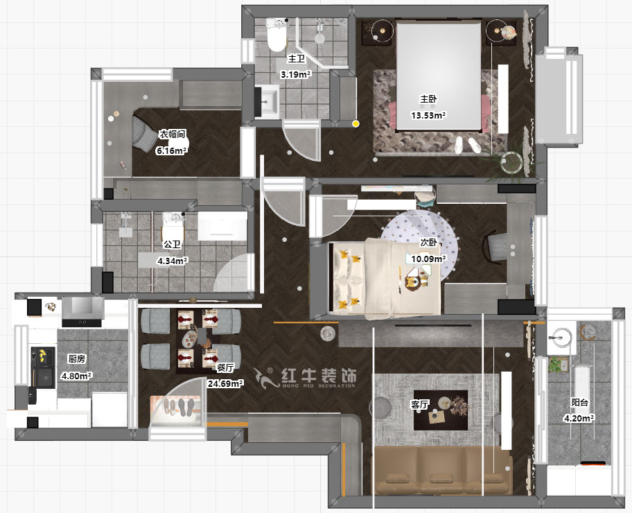 仇美蓉｜語山苑2-2-203-86㎡-簡約風格｜3室2廳1衛(wèi)｜新房裝修｜半包￥85000｜半包8