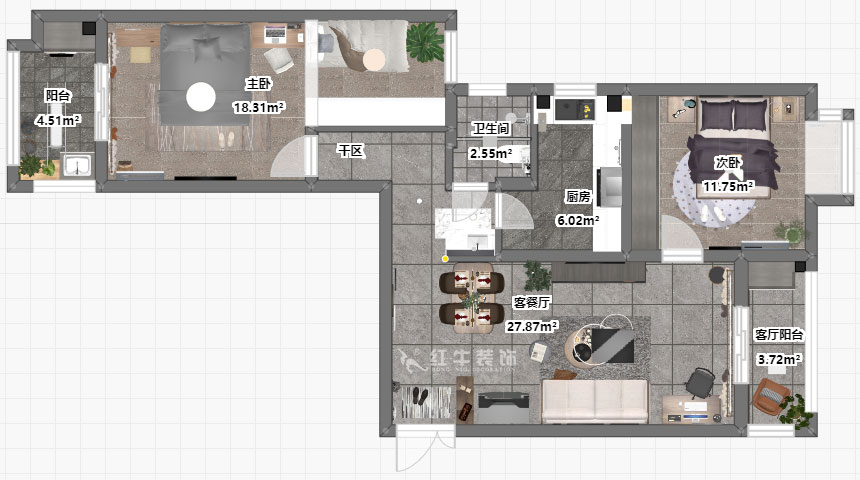 仇美蓉｜御道嘉庭1-1-704-90㎡-簡約風(fēng)格｜2室2廳1衛(wèi)｜新房裝修｜定制家￥120137｜全包12萬｜00_03彩平圖