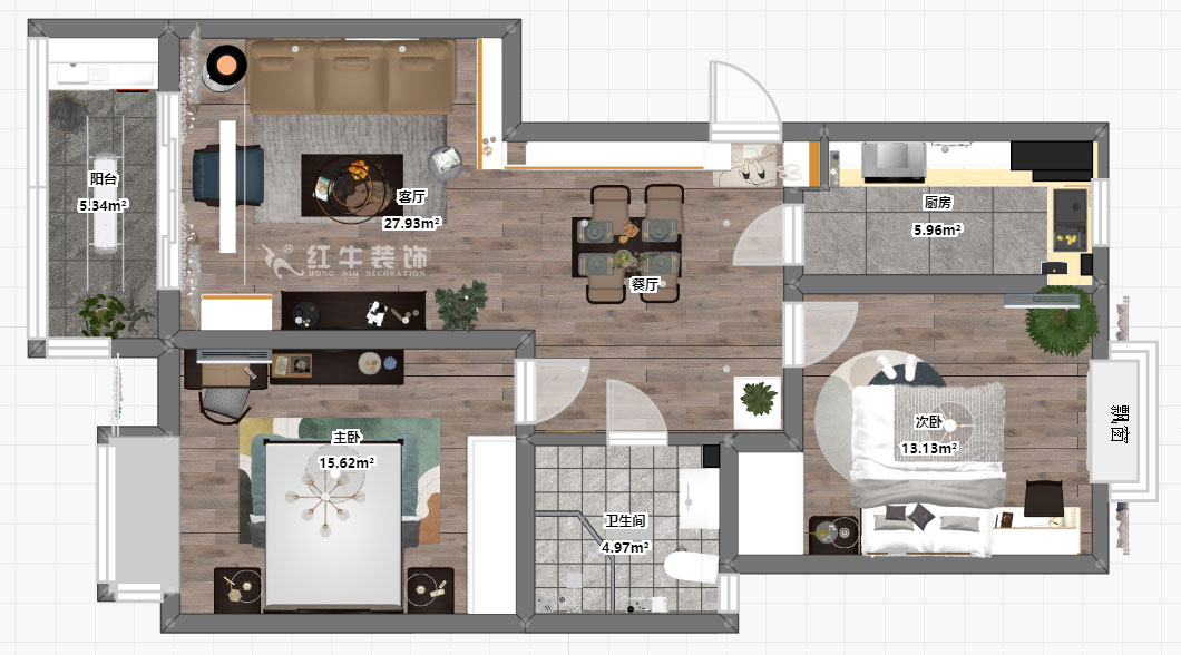 蔣?。鸹涑?-203-90㎡-現(xiàn)代簡約風格｜2室2廳1衛(wèi)｜舊房裝修｜定制家￥121293｜全包12萬｜00_03彩平圖