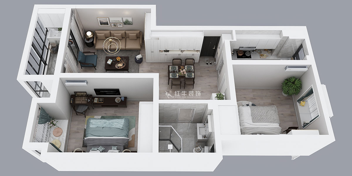 蔣?。鸹涑?-203-90㎡-現(xiàn)代簡約風格｜2室2廳1衛(wèi)｜舊房裝修｜定制家￥121293｜全包12萬｜00_04鳥瞰圖