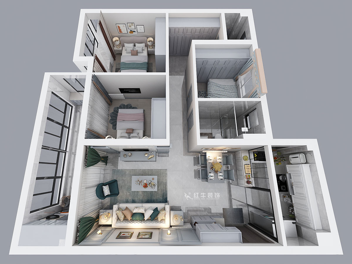 熊浩宇｜藍光·睿創(chuàng)新筑5-1004-110㎡-簡美風(fēng)格｜3室2廳2衛(wèi)｜新房裝修｜定制家￥231400｜全包20萬｜00_04鳥瞰圖