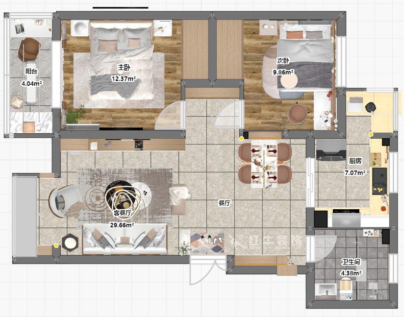 孟憲濤|幸福美地12-2-404-85㎡-簡約風(fēng)格|2室2廳2衛(wèi)|老房裝修|定制家¥109000|全包12萬|00_03彩平圖