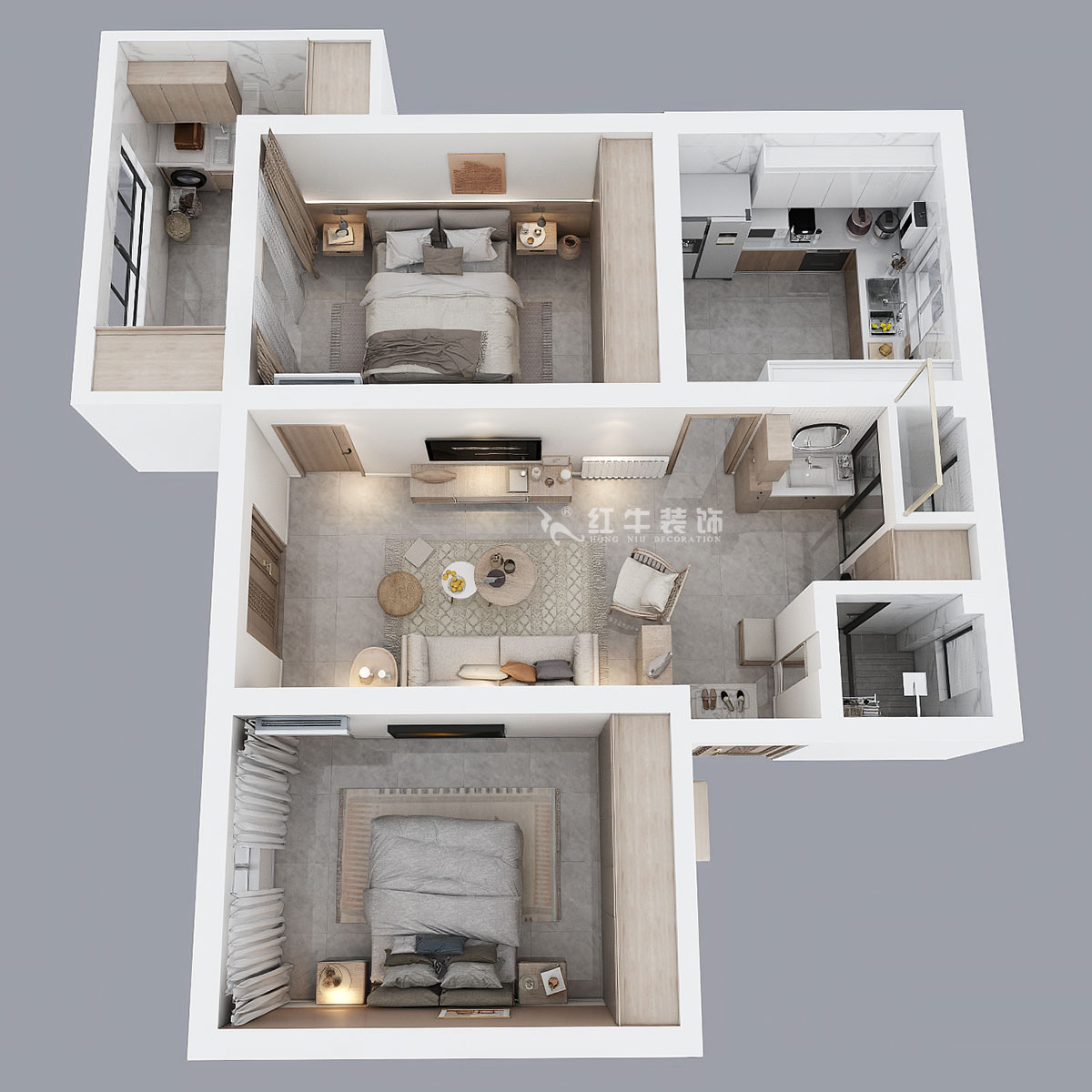 朱明琪｜有福家苑34-104-82㎡-現(xiàn)代簡(jiǎn)約原木風(fēng)格｜2室2廳1衛(wèi)｜老房裝修｜定制家￥131000｜全包14萬(wàn)｜00_04鳥瞰圖