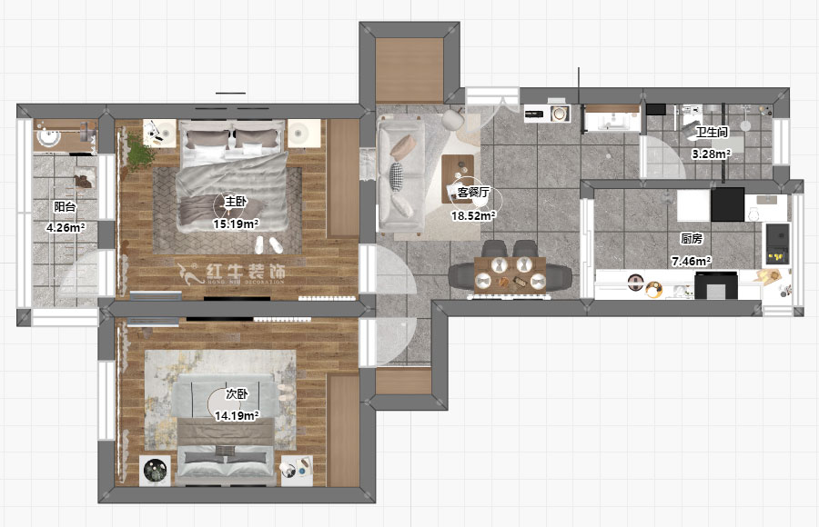蔣琛｜安泰村21-401-80㎡-現(xiàn)代簡(jiǎn)約風(fēng)格｜2室1廳1衛(wèi)｜舊房裝修｜定制家￥126767｜全包12萬｜00_03平面彩圖