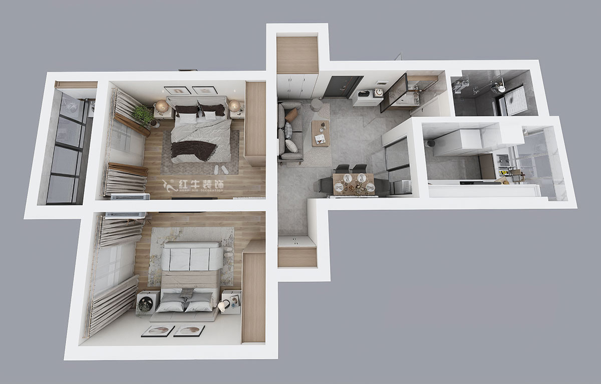 蔣?。蔡┐?1-401-80㎡-現(xiàn)代簡(jiǎn)約風(fēng)格｜2室1廳1衛(wèi)｜舊房裝修｜定制家￥126767｜全包12萬｜00_04鳥瞰圖