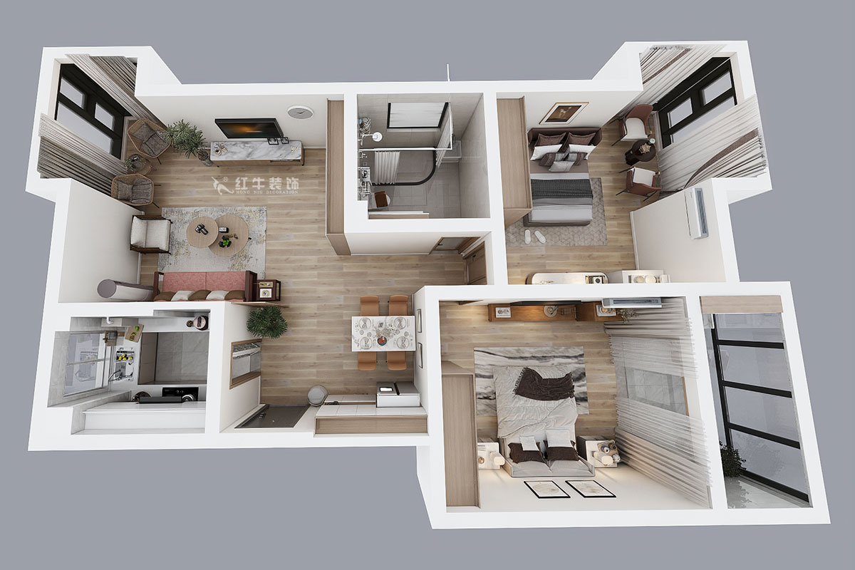 朱彥｜天潤(rùn)城3街區(qū)28-1-301-95㎡-現(xiàn)代風(fēng)格｜2室2廳1衛(wèi)｜老房裝修｜定制家￥161200｜全包12萬(wàn)｜00_04鳥(niǎo)瞰圖