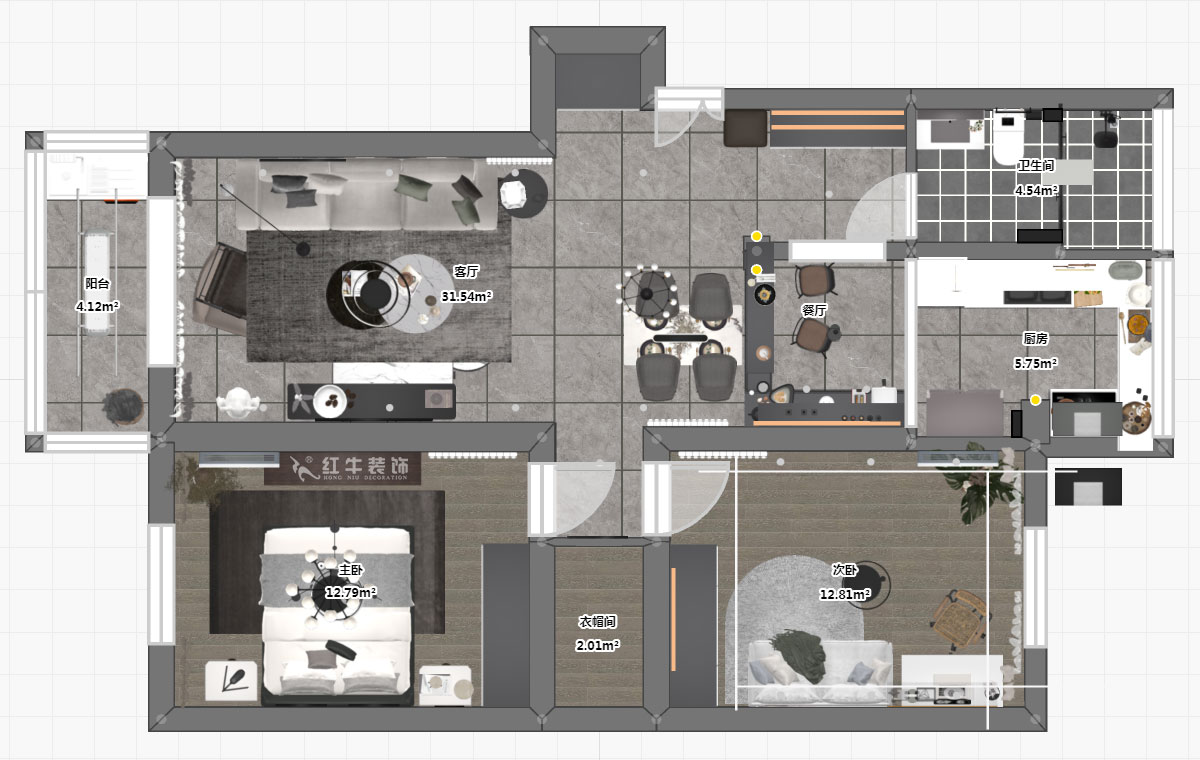 蔣?。旄@43-401-90㎡-現(xiàn)代簡約風(fēng)格｜2室1廳1衛(wèi)｜舊房裝修｜定制家￥122757｜全包12萬｜00_03平面彩圖