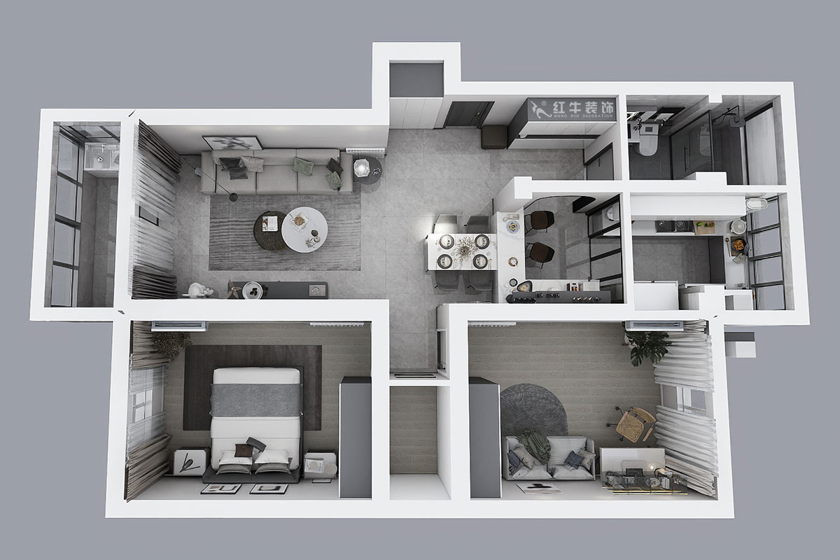 蔣?。旄@43-401-90㎡-現(xiàn)代簡約風(fēng)格｜2室1廳1衛(wèi)｜舊房裝修｜定制家￥122757｜全包12萬｜00_04鳥瞰圖