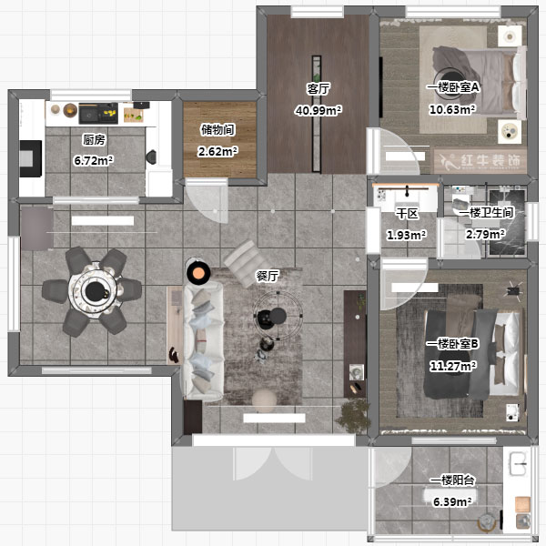 劉小勇｜酈湖美墅90-102-190㎡-現(xiàn)代風(fēng)格｜4室2廳3衛(wèi)｜新房裝修｜定制家￥288000｜全包33萬(wàn)｜00_05一樓平面彩圖