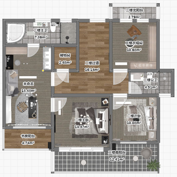 劉小勇｜酈湖美墅90-102-190㎡-現(xiàn)代風(fēng)格｜4室2廳3衛(wèi)｜新房裝修｜定制家￥288000｜全包33萬(wàn)｜00_06二樓平面彩圖