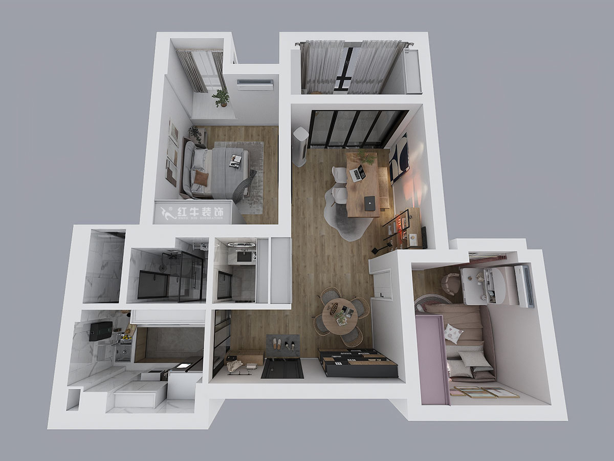 仇美蓉|金陵灣南區(qū)1-3-502-99㎡-簡約風格|2室2廳1衛(wèi)|新房裝修|定制家|全包12萬|00_04鳥瞰圖