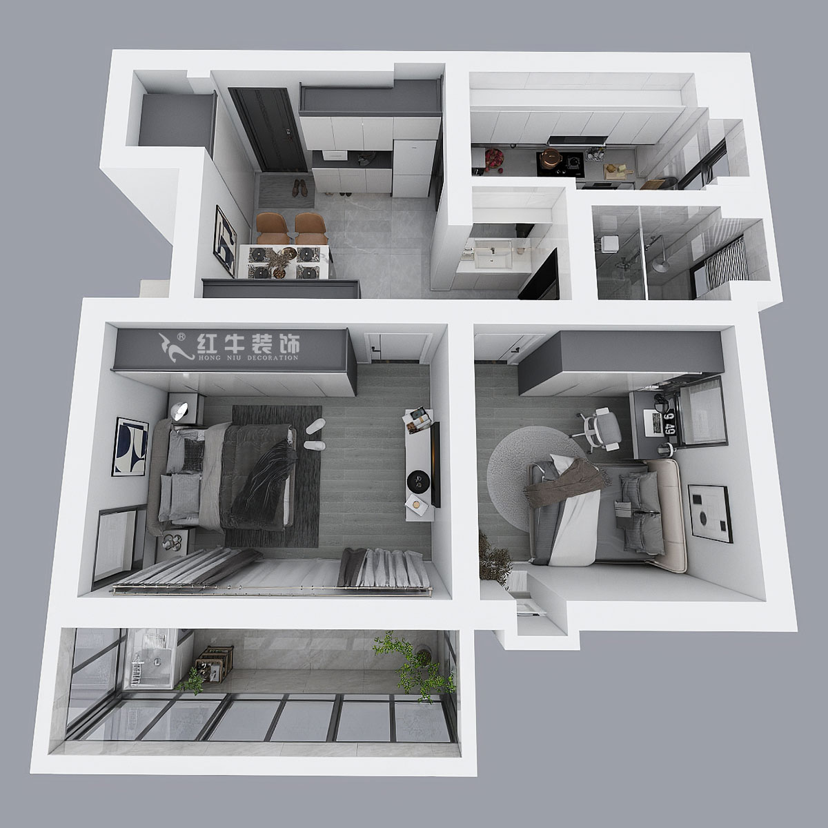 蔣?。珗@路44號小區(qū)3-204-60㎡-現(xiàn)代簡約風(fēng)格｜2室1廳1衛(wèi)｜舊房裝修｜定制家｜全包10萬｜00_04鳥瞰圖