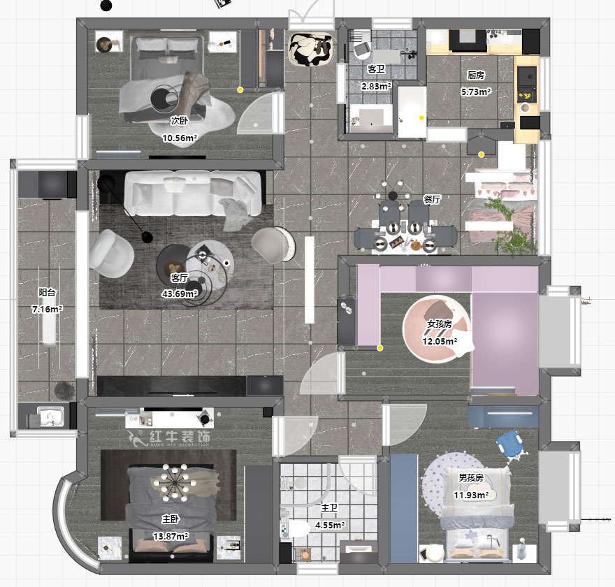 蔣?。靼l(fā)濱江新城3期332-2501-130㎡-現(xiàn)代簡約風(fēng)格｜4室2廳2衛(wèi)｜舊房裝修｜定制家￥135120｜全包17萬｜00_03平面彩圖