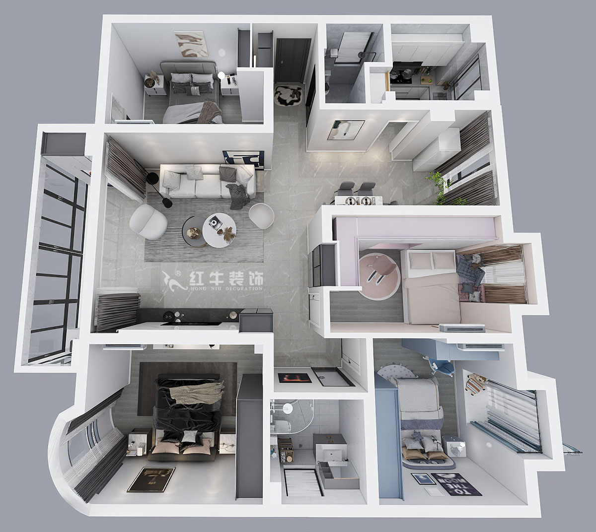 蔣?。靼l(fā)濱江新城3期332-2501-130㎡-現(xiàn)代簡約風(fēng)格｜4室2廳2衛(wèi)｜舊房裝修｜定制家￥135120｜全包17萬｜00_04鳥瞰圖