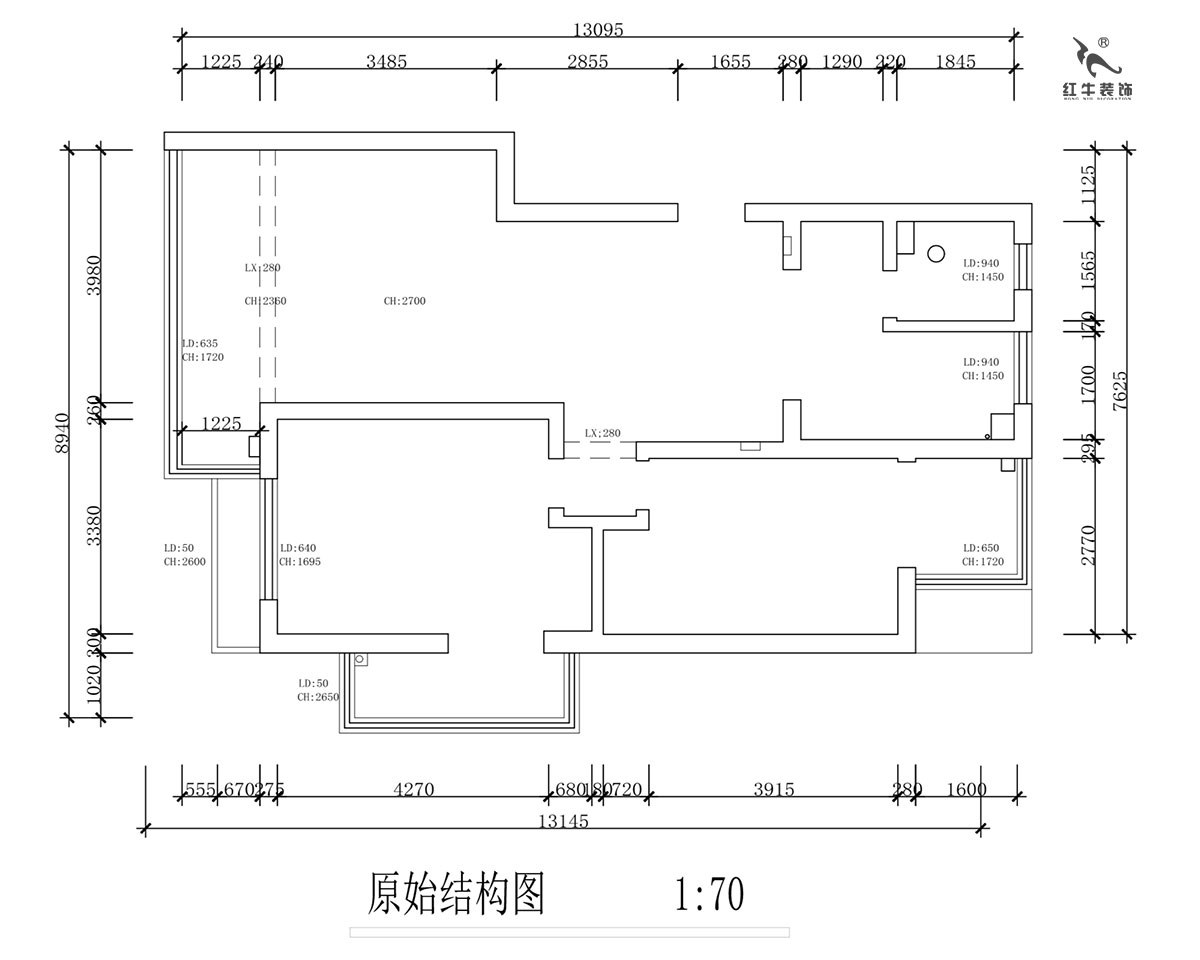 蔣?。霄沃腥A廣場11-601-110㎡-現(xiàn)代簡約風格｜2室2廳1衛(wèi)｜舊房裝修｜定制家￥140400｜全包15萬｜00_01原始結構圖