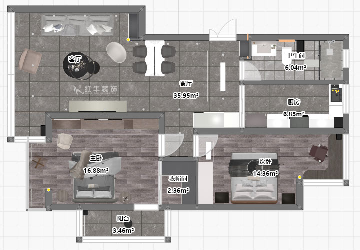 蔣琛｜紫鑫中華廣場11-601-110㎡-現(xiàn)代簡約風格｜2室2廳1衛(wèi)｜舊房裝修｜定制家￥140400｜全包15萬｜00_03平面彩圖