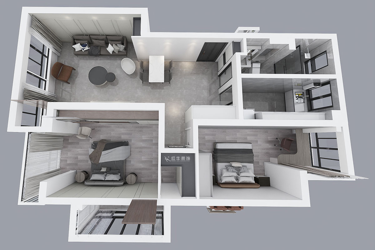 蔣?。霄沃腥A廣場11-601-110㎡-現(xiàn)代簡約風格｜2室2廳1衛(wèi)｜舊房裝修｜定制家￥140400｜全包15萬｜00_04鳥瞰圖