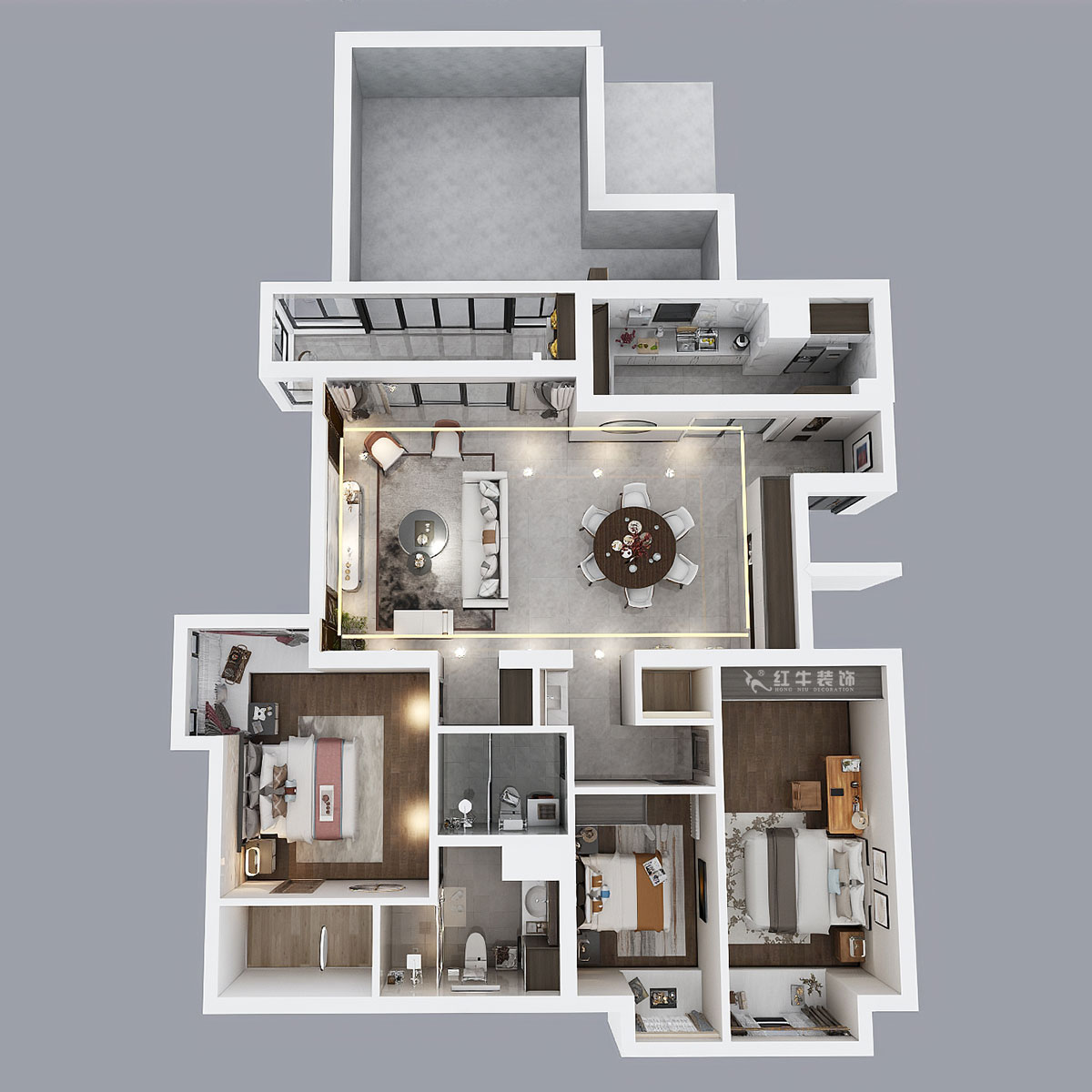 蔣?。┞∶舾?2-1-301-160㎡-中式風格｜3室2廳2衛(wèi)｜舊房裝修｜定制家｜全包22萬｜00_04鳥瞰圖