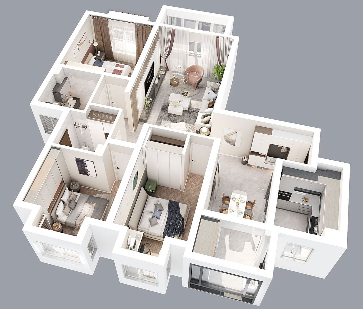 朱明琪|海德北岸17-1-1401-120㎡-簡(jiǎn)約風(fēng)格|3室2廳2衛(wèi)|新房裝修|定制家¥185496|全包17萬|00_04鳥瞰圖