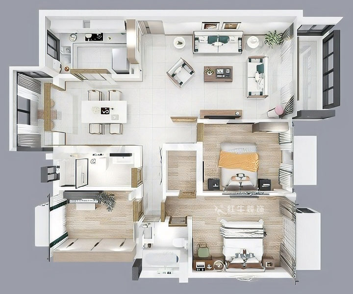 蔣琛|香格里拉東苑6-302-130㎡-新中式風(fēng)格|3室2廳2衛(wèi)|舊房裝修|定制家¥158973|全包19萬|00_04鳥瞰圖