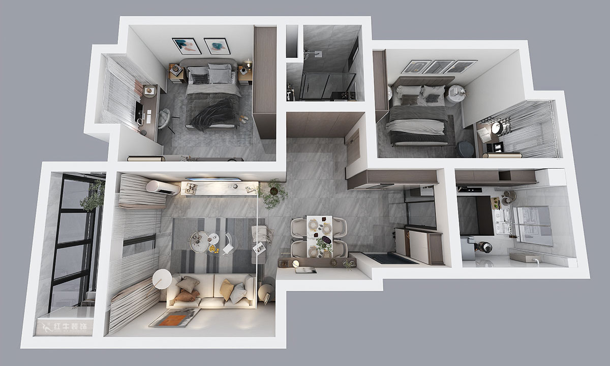 吳波｜亞東國際13-105-90㎡-現(xiàn)代風(fēng)格｜2室2廳2衛(wèi)｜舊房裝修｜定制家￥114404｜全包12萬｜00_04鳥瞰圖