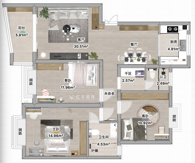 蔣琛｜三金福邸7-405-110㎡-現(xiàn)代簡約風(fēng)格｜2室2廳2衛(wèi)｜新房裝修｜定制家｜全包15萬｜00_04平面彩圖