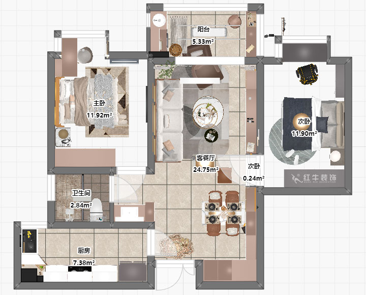 朱彥|濱江雅園4-1703-88㎡-簡約風(fēng)格|2室2廳1衛(wèi)|新房裝修|定制家¥112400|全包12萬|00_03平面彩圖