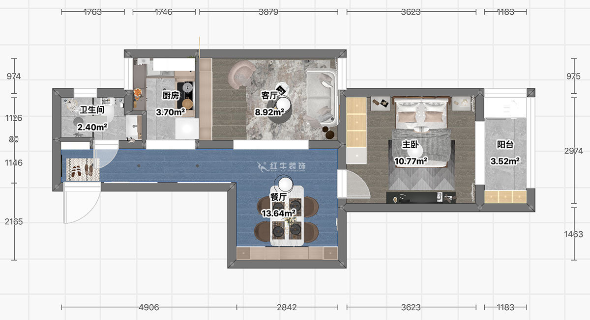 顧娟｜高樓門37-303-60㎡-現(xiàn)代風(fēng)格｜1室2廳1衛(wèi)｜舊房裝修｜定制家￥90700｜全包11萬｜00_03平面彩圖