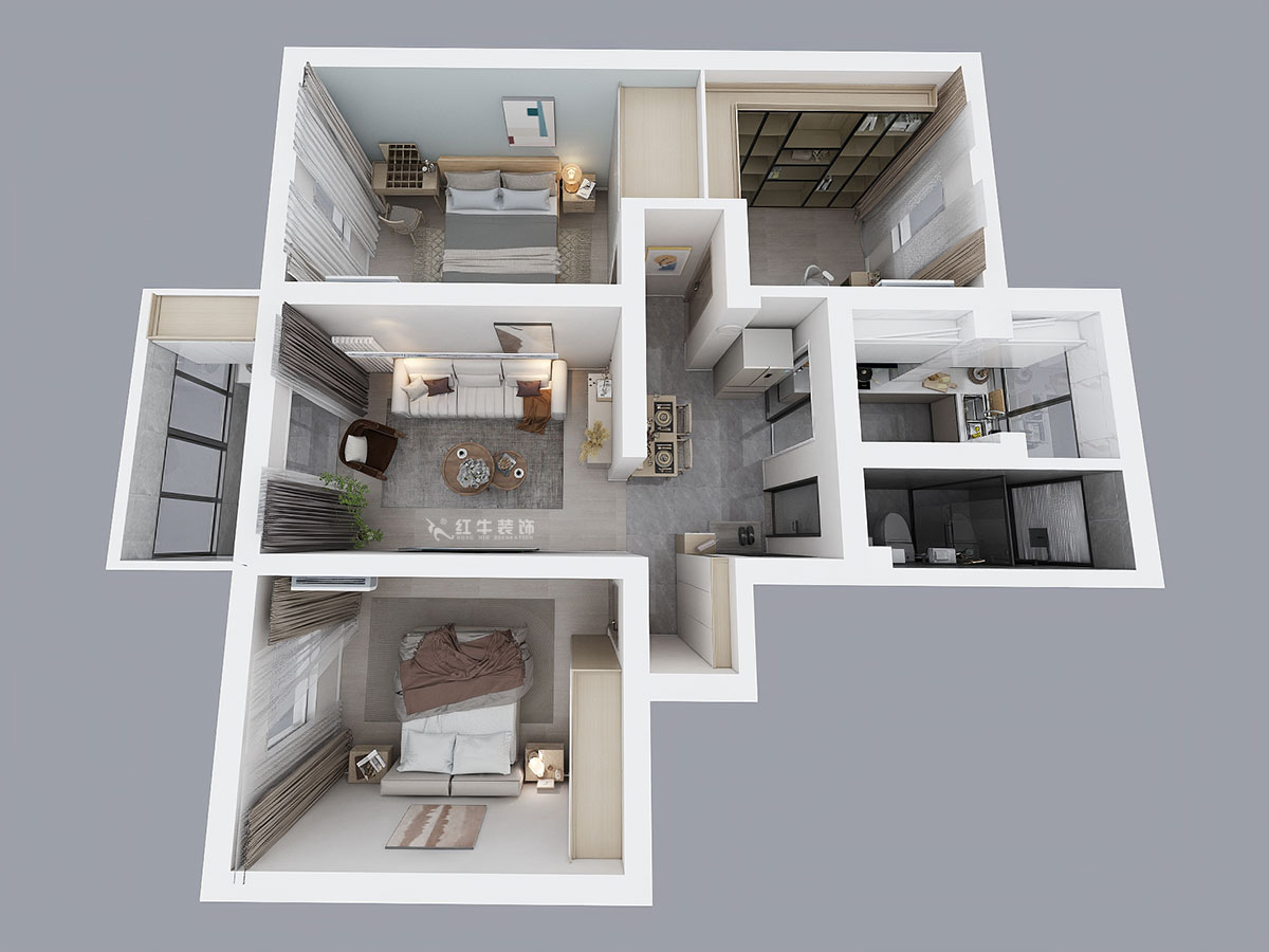 魏明花|五條巷3號502室-98㎡-現(xiàn)代簡約風格|3室2廳1衛(wèi)|二手房裝修|定制家¥135762|全包13萬|00_04鳥瞰圖