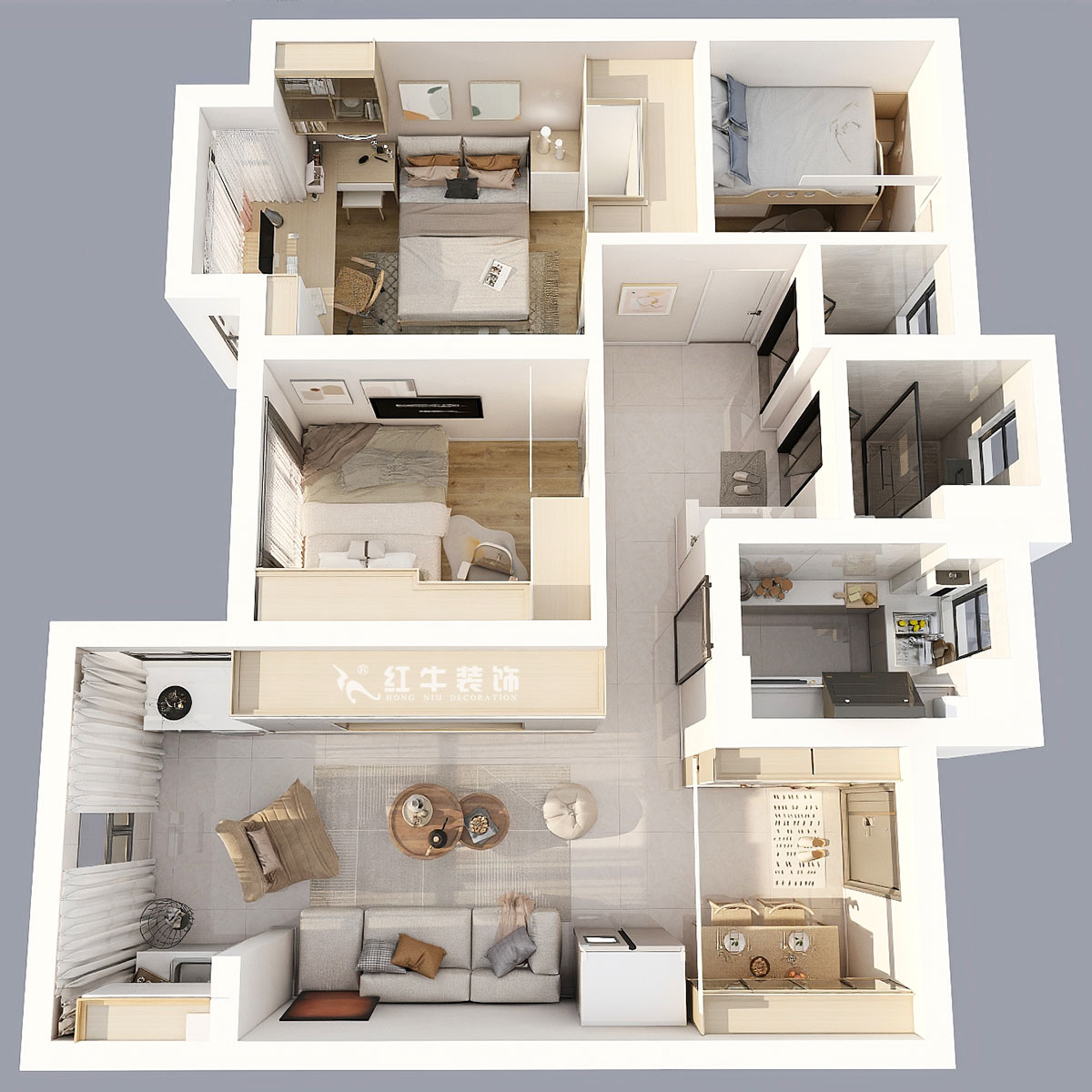 蔣?。鼕W園金基天著尚居5-1002-85㎡-現(xiàn)代簡(jiǎn)約風(fēng)格｜3室2廳1衛(wèi)｜新房裝修｜定制家｜全包12萬(wàn)｜00_05彩色三維圖