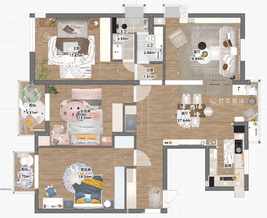 朱彥|仁恒翠竹園26-204-130㎡-簡約風格|3室2廳2衛(wèi)|老房裝修|定制家|全包20萬|00_03平面彩圖