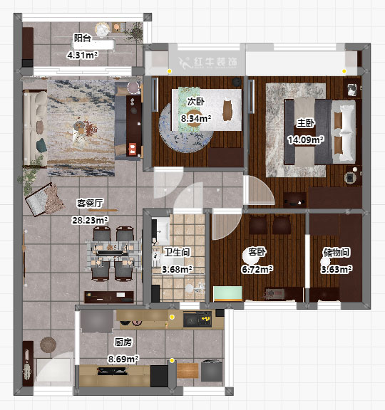 孟憲濤|句容碧桂園星悅灣20-2-604-105㎡-簡中風格|3室1廳1衛(wèi)|新房裝修|定制家|全包14萬|00_03平面彩圖