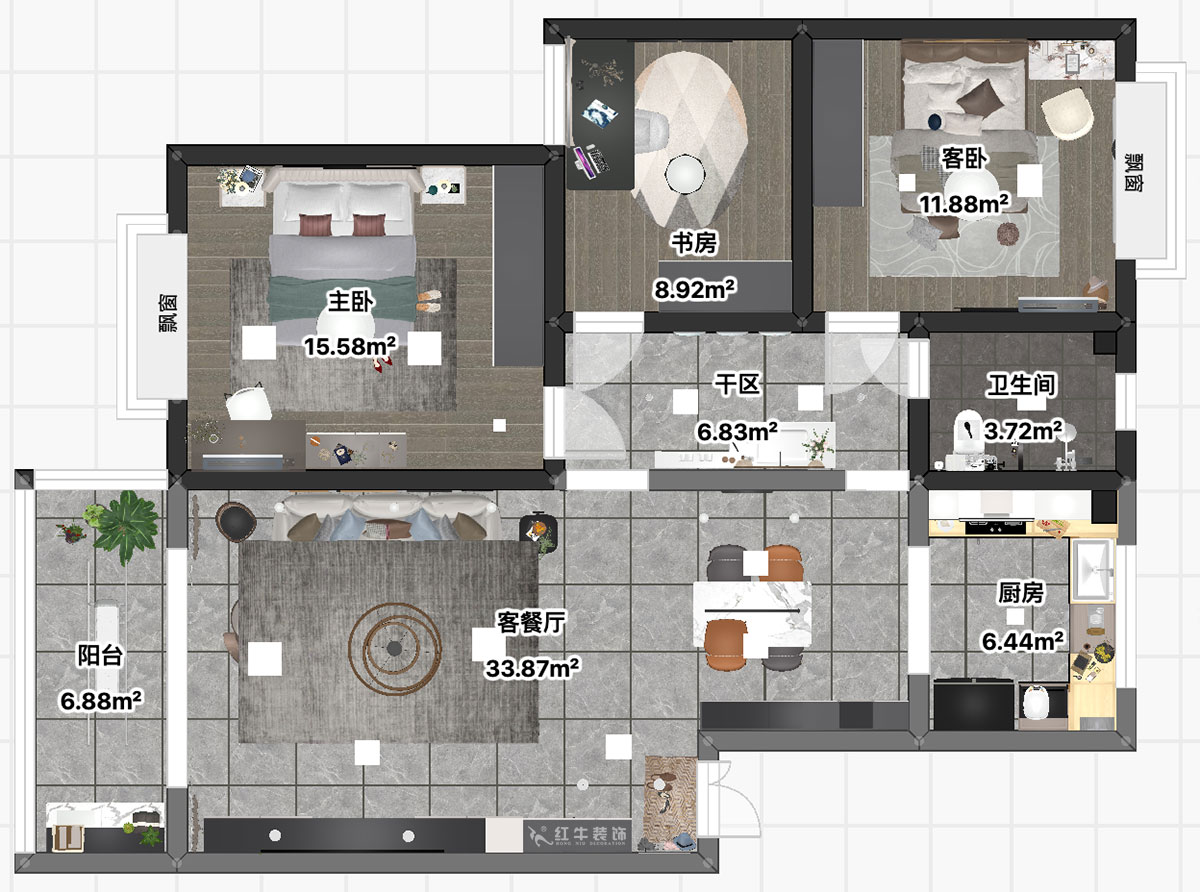吳波|水岸康城43-102-110㎡-現(xiàn)代風(fēng)格|3室2廳1衛(wèi)|舊房裝修|定制家|全包13萬(wàn)|00_03平面彩圖