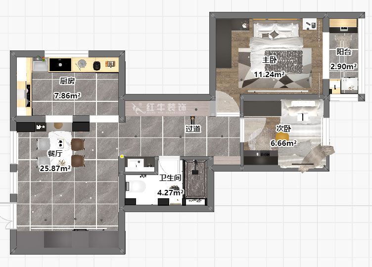 蔣琛｜華保新寓7-912-85㎡-簡約風(fēng)格｜2室1廳1衛(wèi)｜老房裝修｜定制家｜全包12萬｜00_03平面彩圖