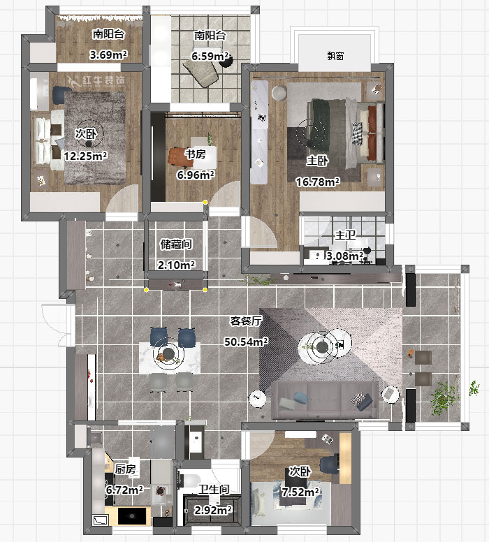 蔣琛｜鴻運嘉園18-2-304-140㎡-現(xiàn)代簡約風(fēng)格｜4室2廳2衛(wèi)｜新房裝修｜定制家｜全包22萬｜00_03平面彩圖