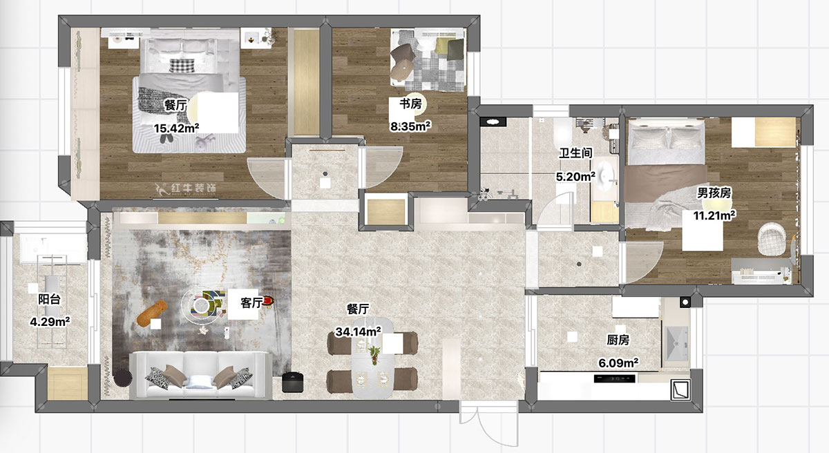 魏利利｜楓情水岸23-506-110㎡-現(xiàn)代簡約風格｜3室2廳1衛(wèi)｜二手房改造｜定制家｜全包14萬｜00_04平面彩圖